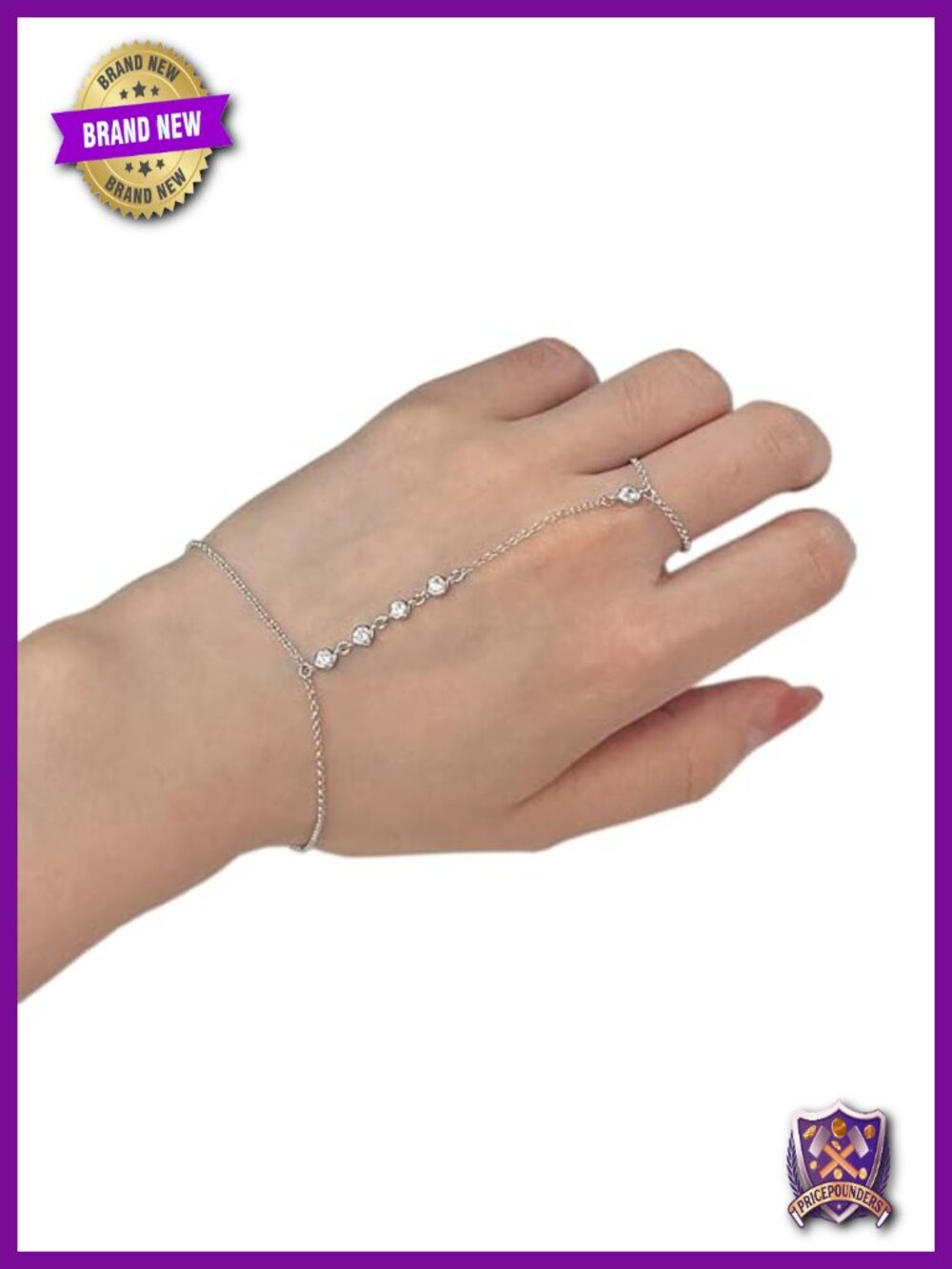 925 Sterling Silver Hand Chain Ring Bracelet CZ